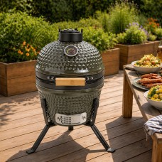 Neo Kamado 13" In Olive Ceramic Mini BBQ Grill Smoker Egg Charcoal Cooking Oven, Portable Oven and Smoker with Stand